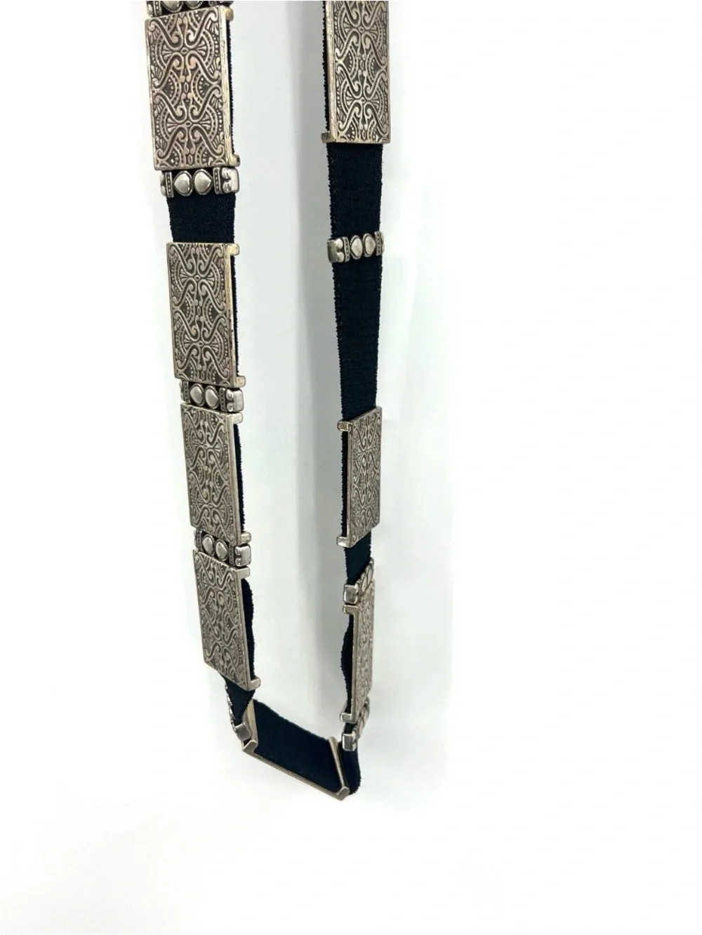Chico's SilverTone Metal Black Stretch Fabric Boho Medallion Y2K 46”XL Statement